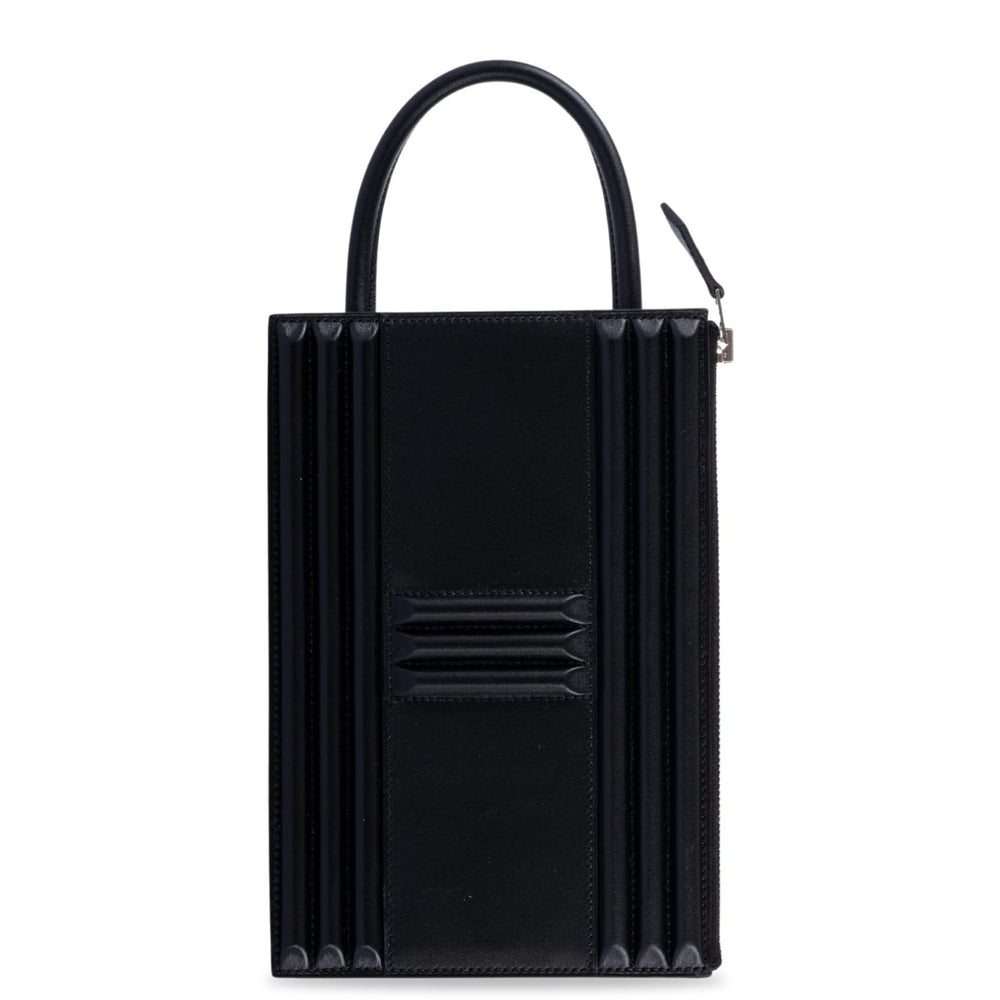 Hermès Cadena Lock Bag Black Tadelakt Palladium Hardware, front view, standing upright with the handle raised