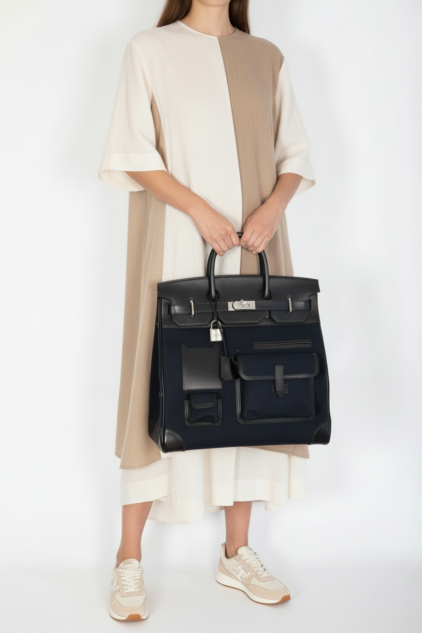 Hermès Cargo HAC Hermès Bleu Marine Toile & Black Box Calf Cargo