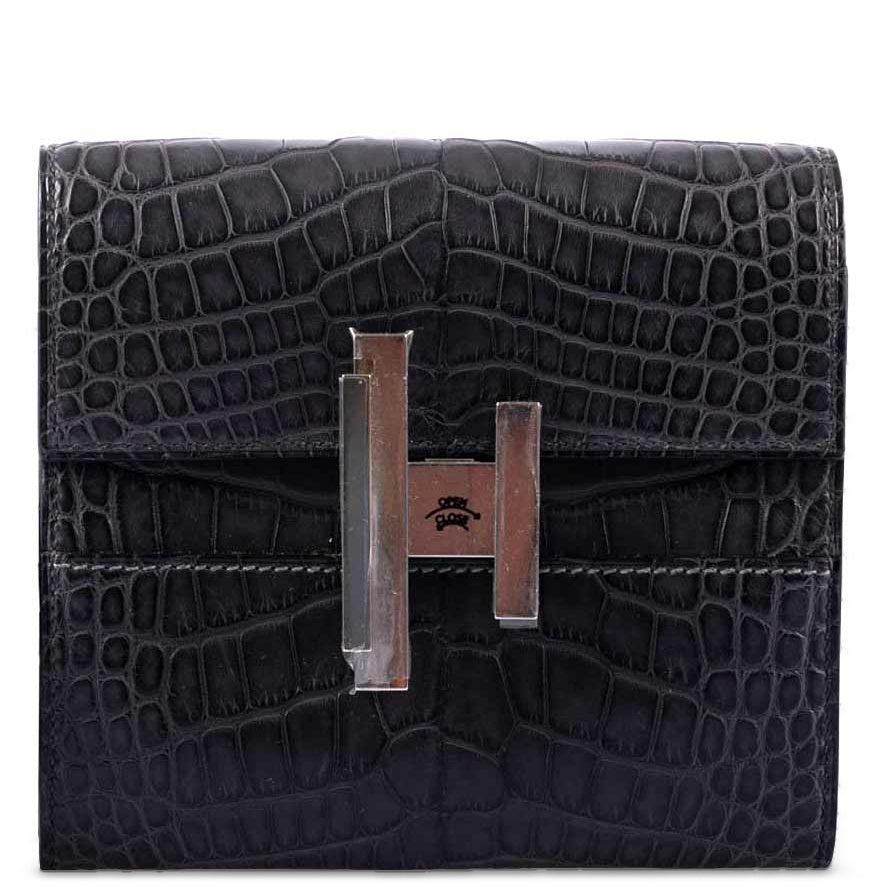 Hermès Cinhetic Mini Wallet Matte Graphite Alligator Palladium Hardware, front flap and H closure detail