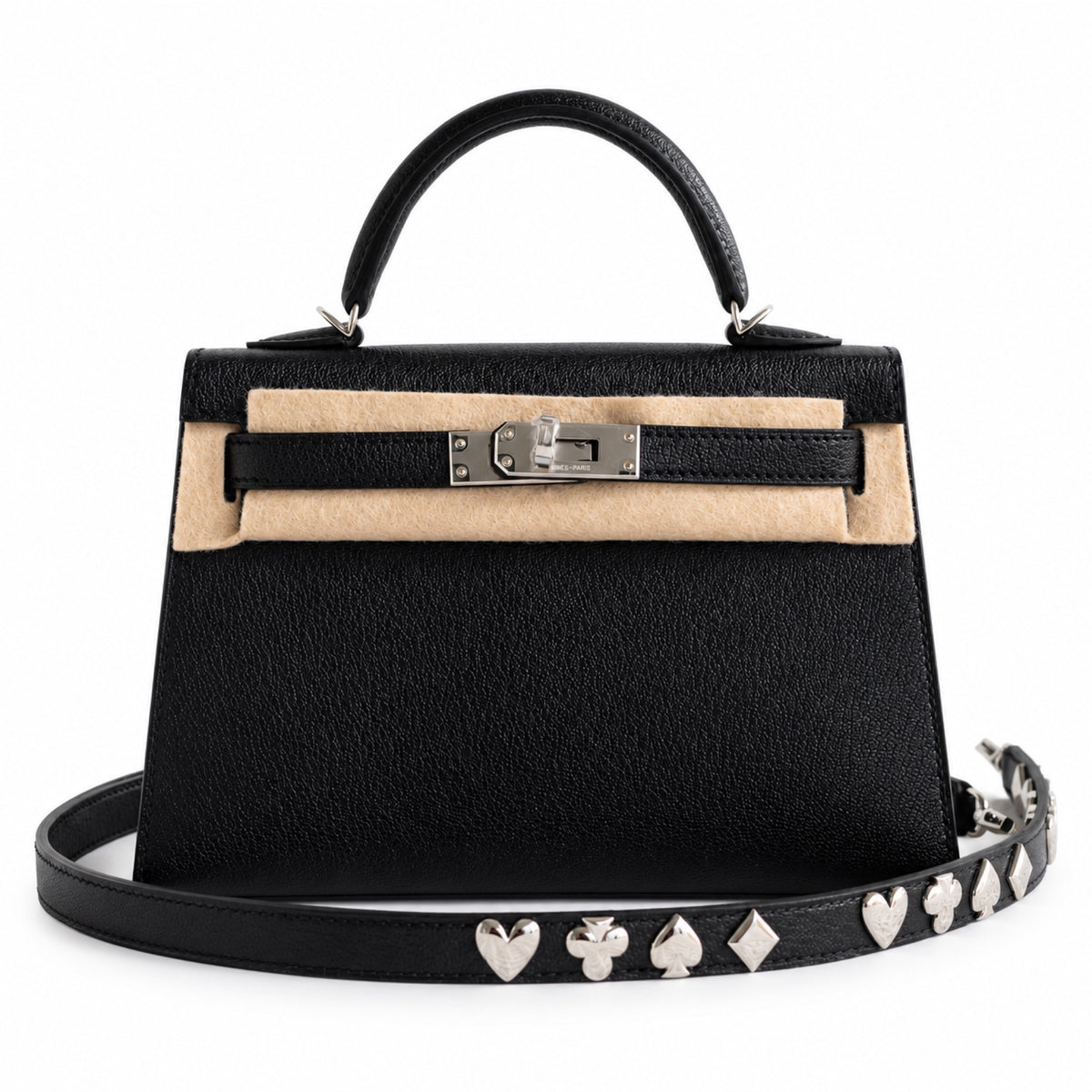 Hermès Clou de Coeur Kelly 20 Mini II Sellier Noir Chèvre Chamkila Palladium Hardware, front with felt protecting the flap