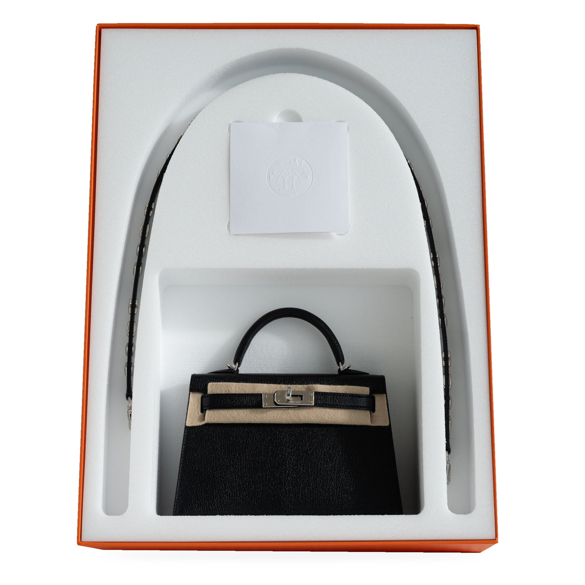Hermès Clou de Coeur Kelly 20 Mini II Sellier Noir Chèvre Chamkila Palladium Hardware, boxed set in the Hermès box