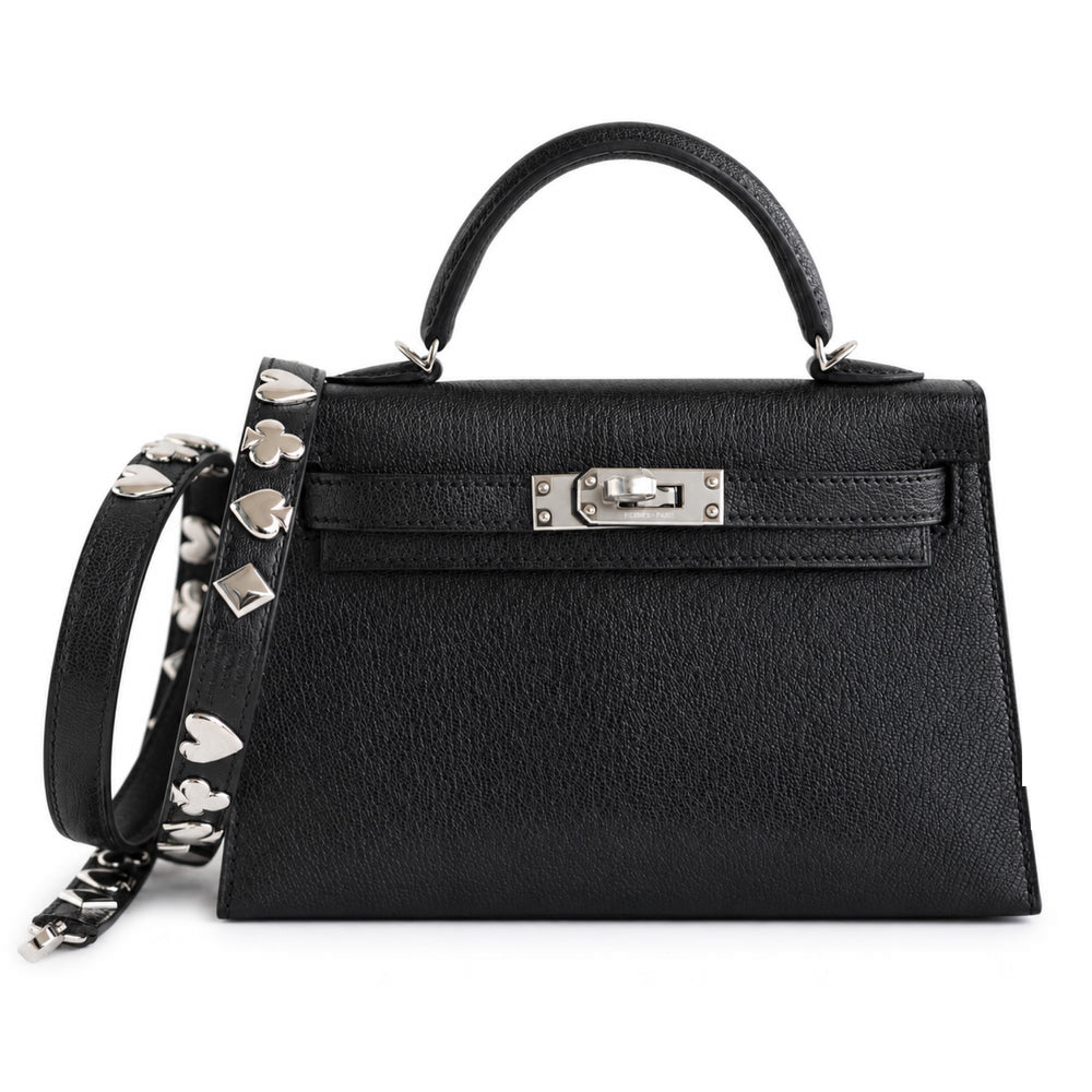 Hermès Clou de Coeur Kelly 20 Mini II Sellier Noir Chèvre Chamkila Palladium Hardware, front view with the studded strap