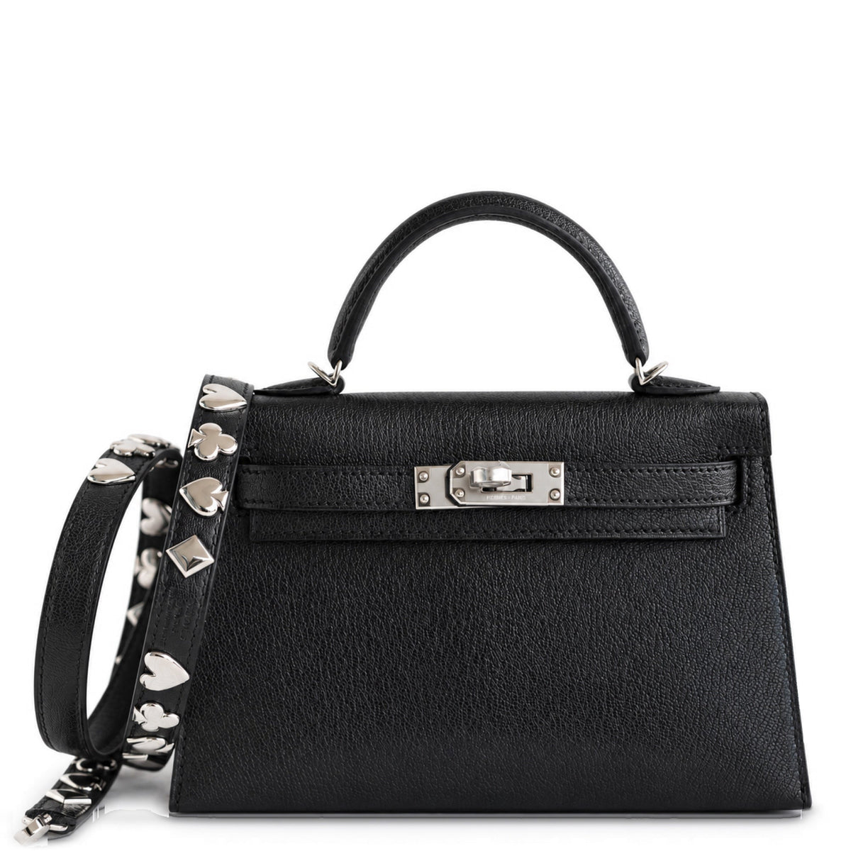 Hermès Clou de Coeur Kelly 20 Mini II Sellier Noir Chèvre Chamkila Palladium Hardware, front view with the studded strap