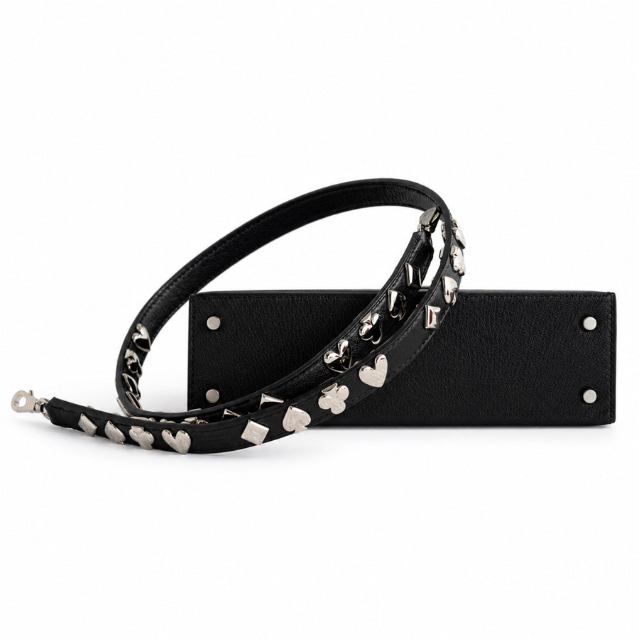 Hermès Clou de Coeur Kelly 20 Mini II Sellier Noir Chèvre Chamkila Palladium Hardware, base with palladium feet and the studded strap