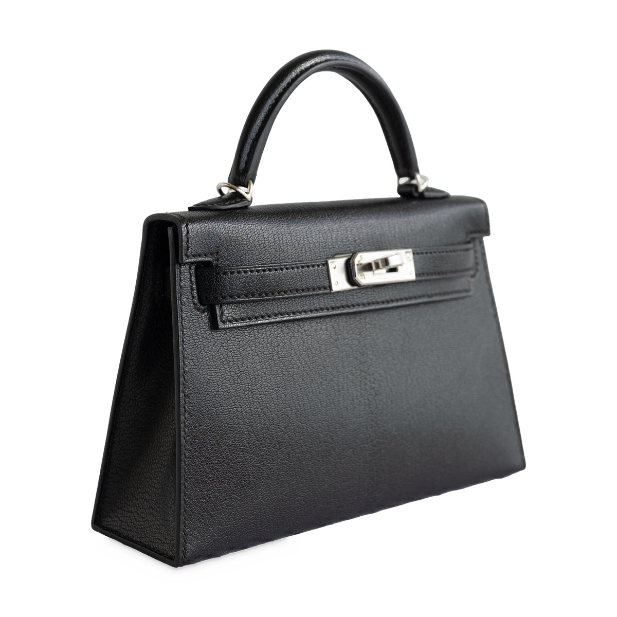 Hermès Clou de Coeur Kelly 20 Mini II Sellier Noir Chèvre Chamkila Palladium Hardware, left three-quarter view