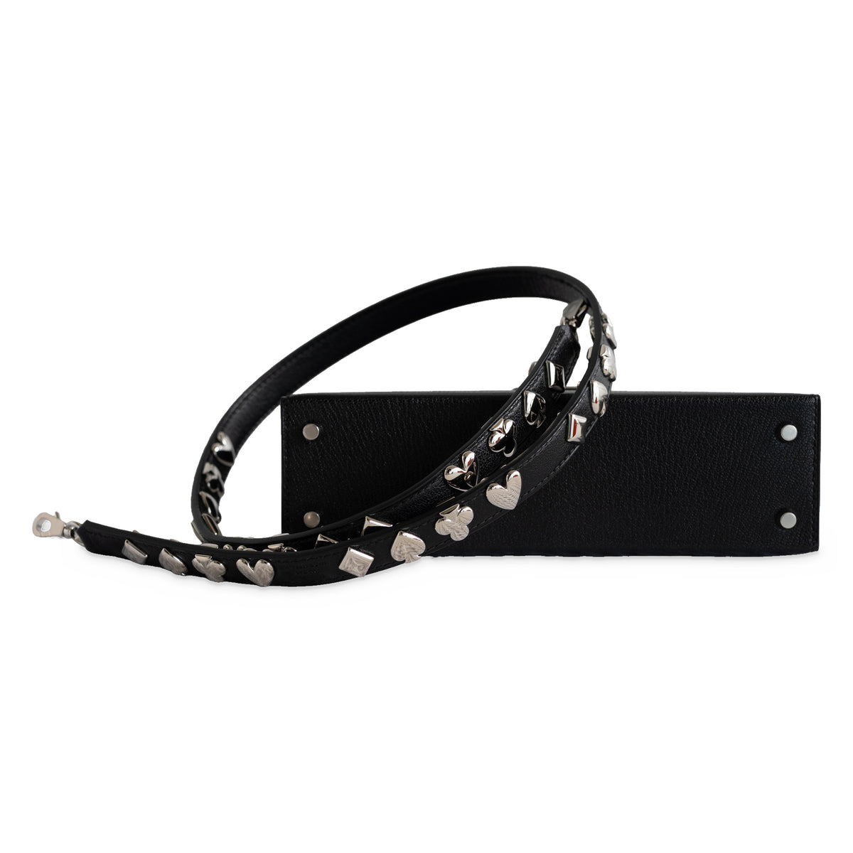 Hermès Clou de Coeur Kelly 20 Mini II Sellier Noir Chèvre Chamkila Palladium Hardware, base with palladium feet and the studded strap