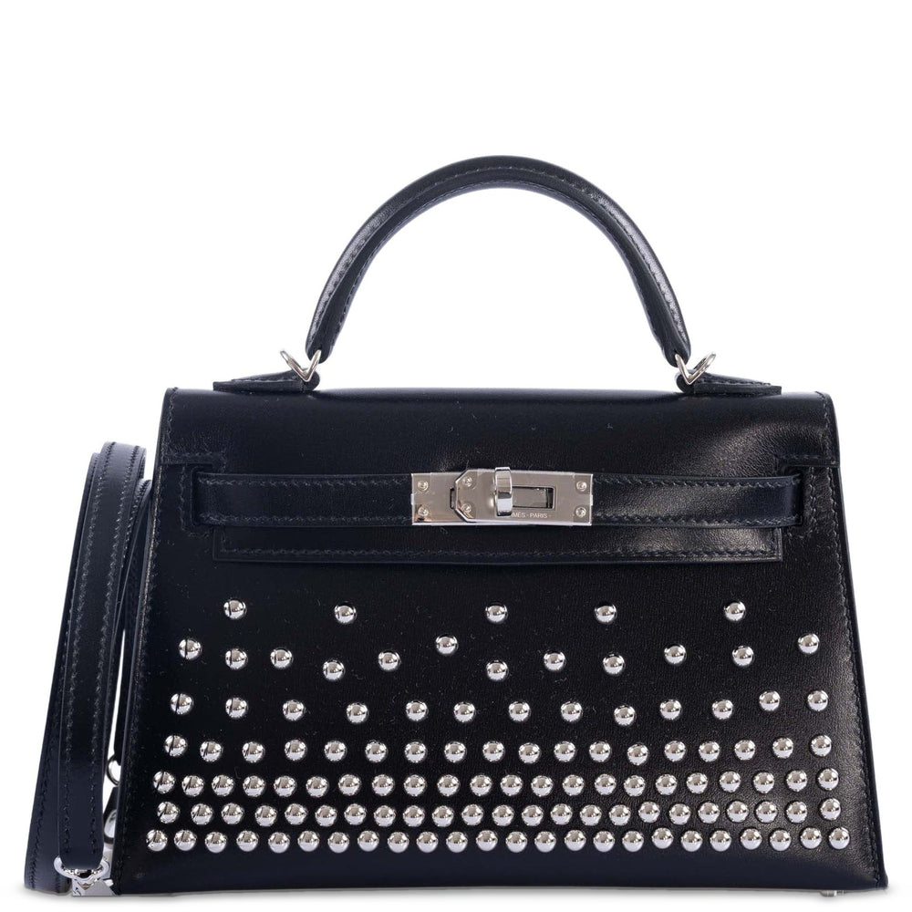 Hermès Clouté Kelly 20 Mini Sellier Studded Black Box Palladium Hardware, front view