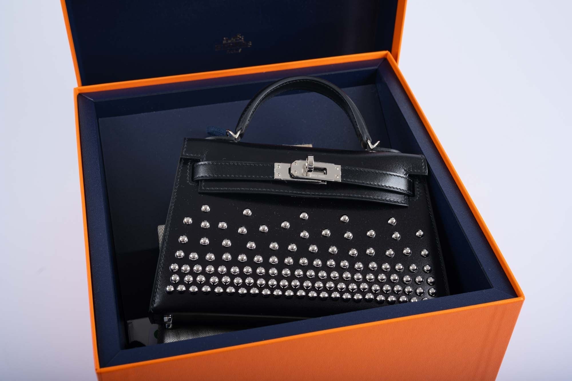 Hermès Clouté Mini Kelly 20 Studded Black Box Palladium Hardware