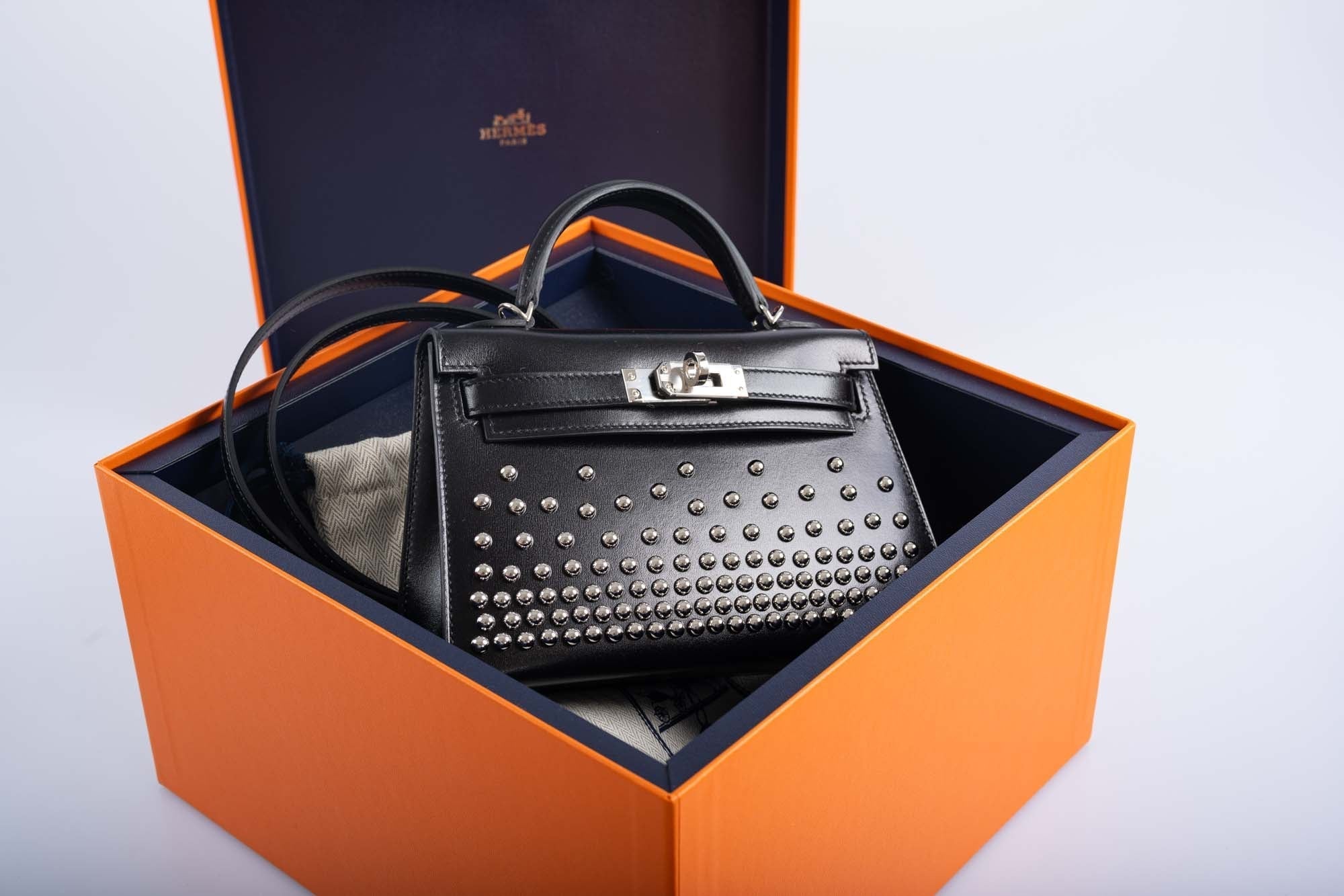 Hermès Clouté Mini Kelly 20 Studded Black Box Palladium Hardware