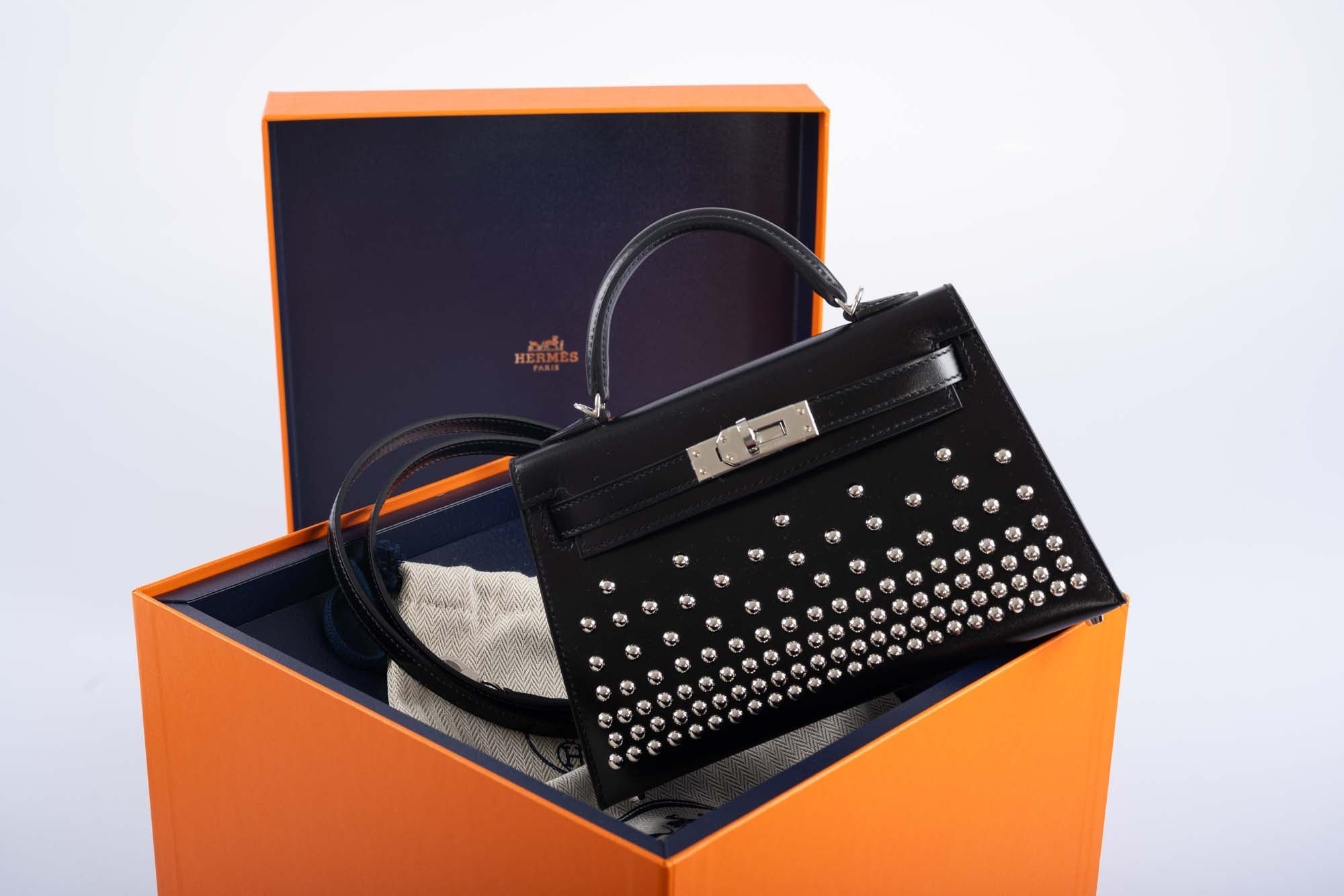 Hermès Clouté Mini Kelly 20 Studded Black Box Palladium Hardware