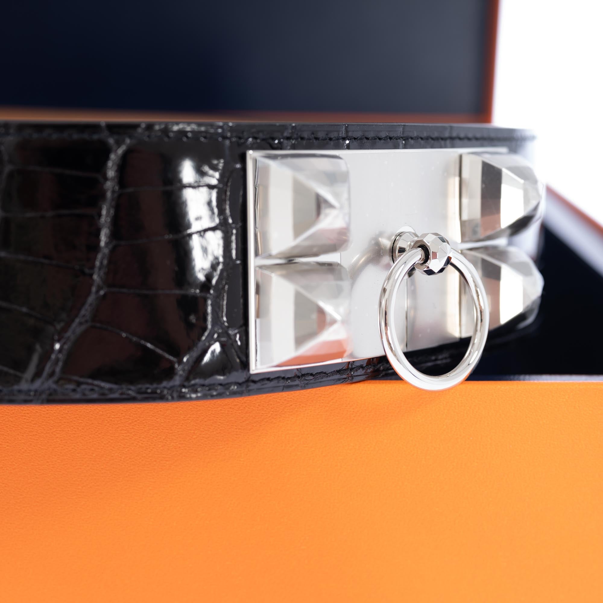 Hermès Collier de Chien Belt Faubourg en Fête Porosus Crocodile Size 80 Palladium Hardware