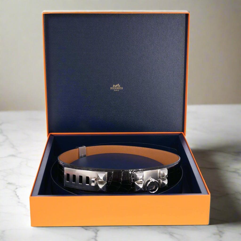 Hermès Collier de Chien Belt Faubourg en Fête Porosus Crocodile Size 80 Palladium Hardware