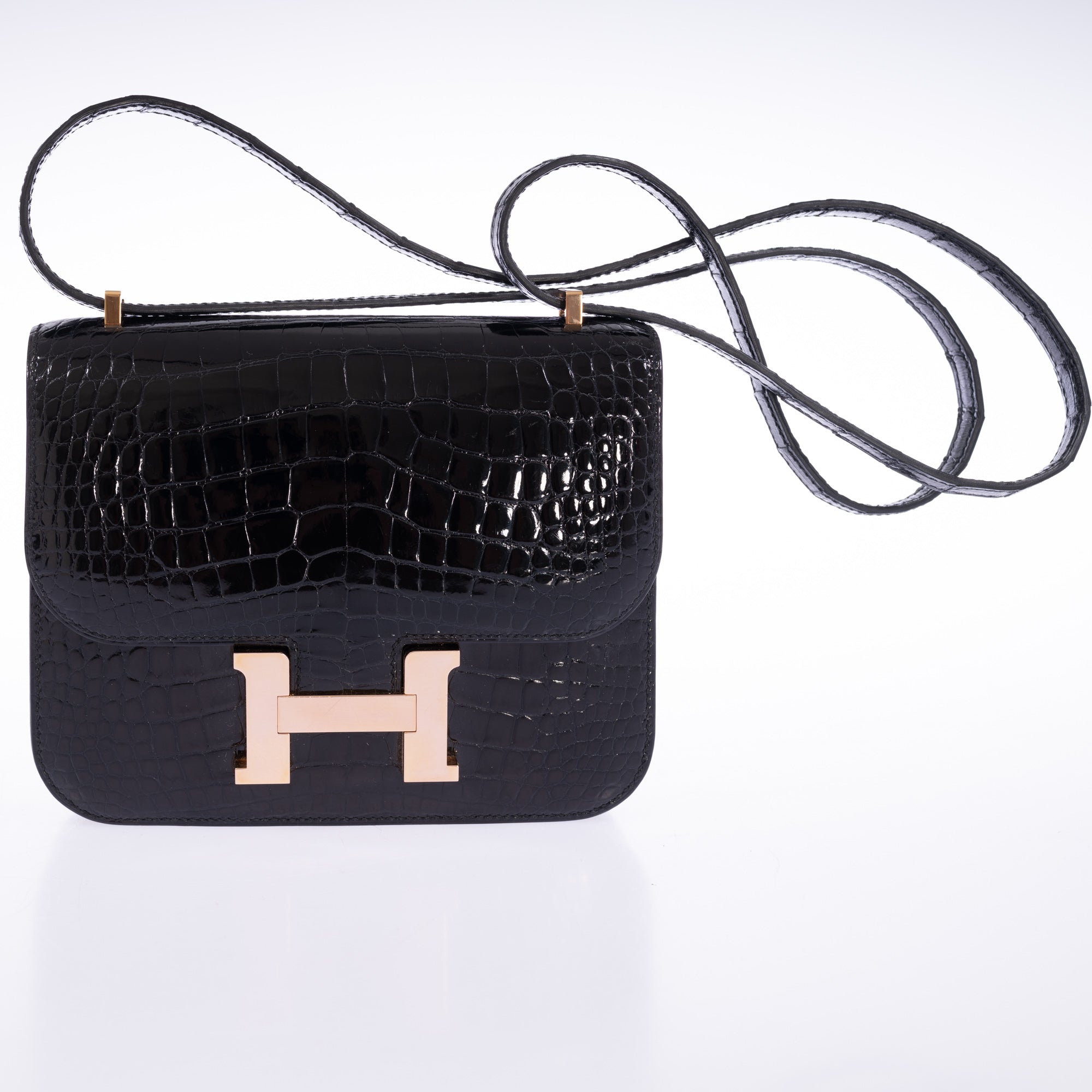 Hermès Constance 18 Noir Shiny Alligator Rose Gold Hardware