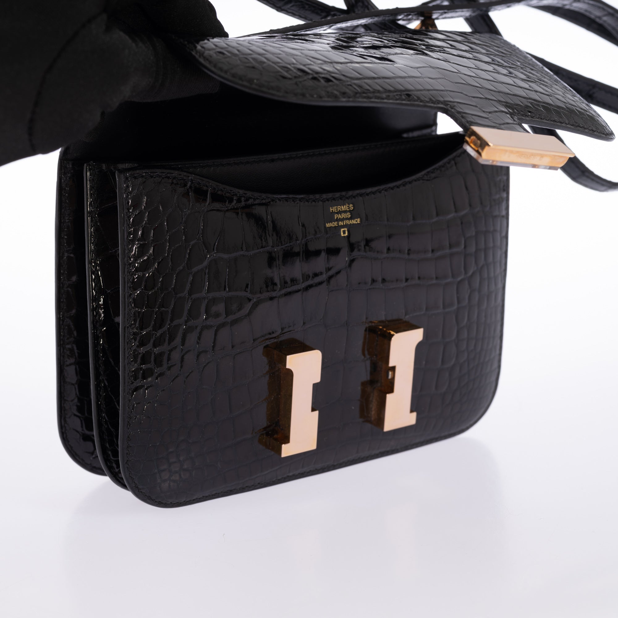Hermès Constance 18 Noir Shiny Alligator Rose Gold Hardware