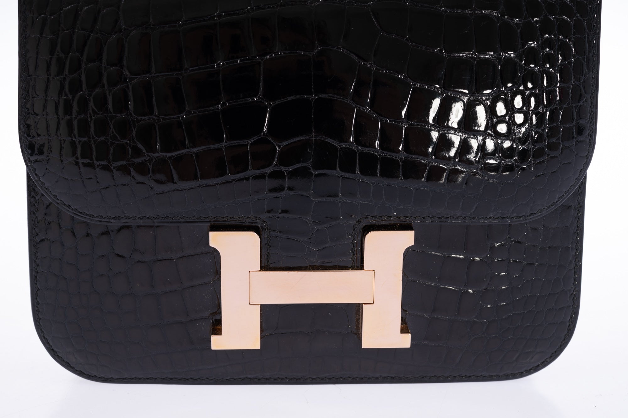 Hermès Constance 18 Noir Shiny Alligator Rose Gold Hardware