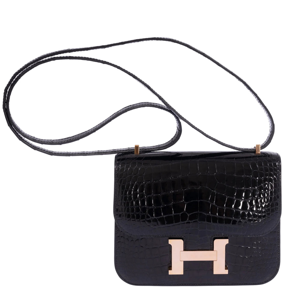 Hermès Constance 18 Noir Shiny Alligator Rose Gold Hardware