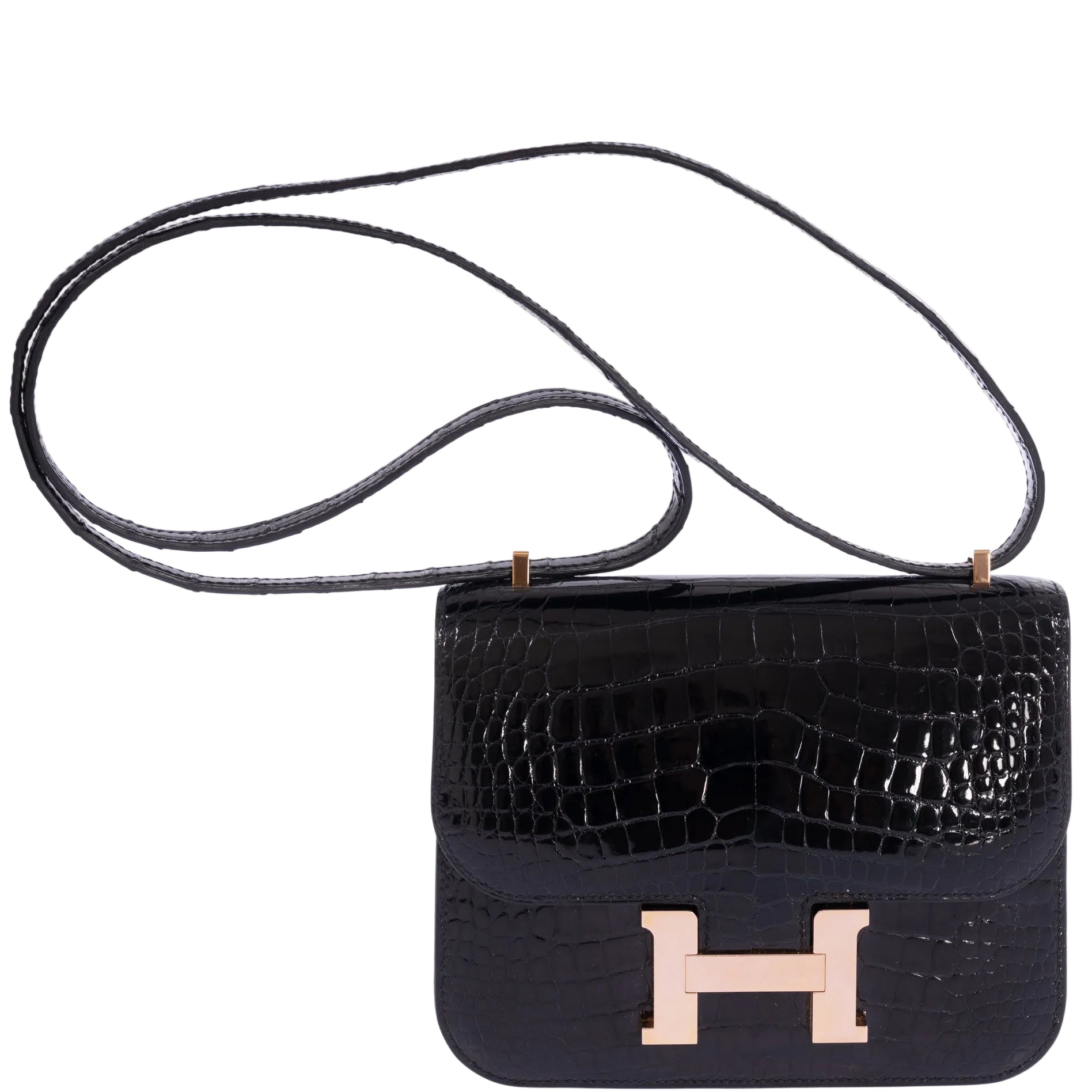 Hermès Constance 18 Noir Shiny Alligator Rose Gold Hardware