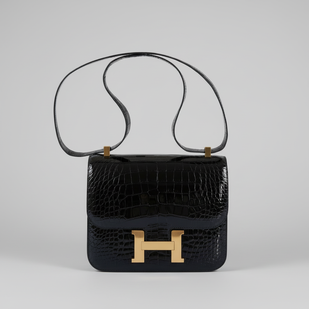 Hermès Constance 24 Verso Shiny Black Alligator and Rouge H with Gold Hardware