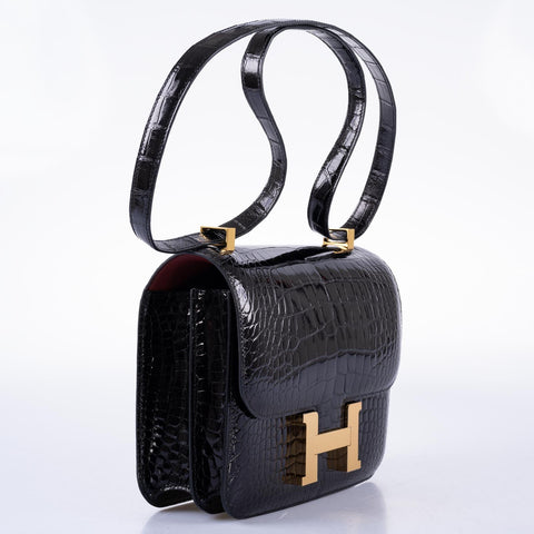 Hermès Constance 24 Verso Shiny Black Alligator and Rouge H with Gold Hardware