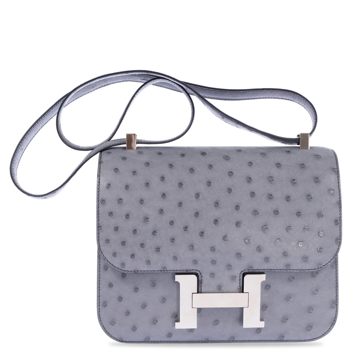 Hermès Constance III 24 Gris Agate Ostrich Palladium Hardware, front view, closed with the H clasp