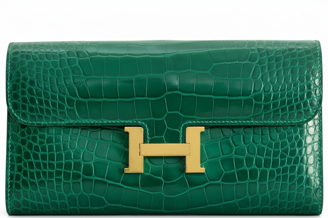 Hermès Constance Long Wallet Vert Émeraude Shiny Alligator Gold Hardware