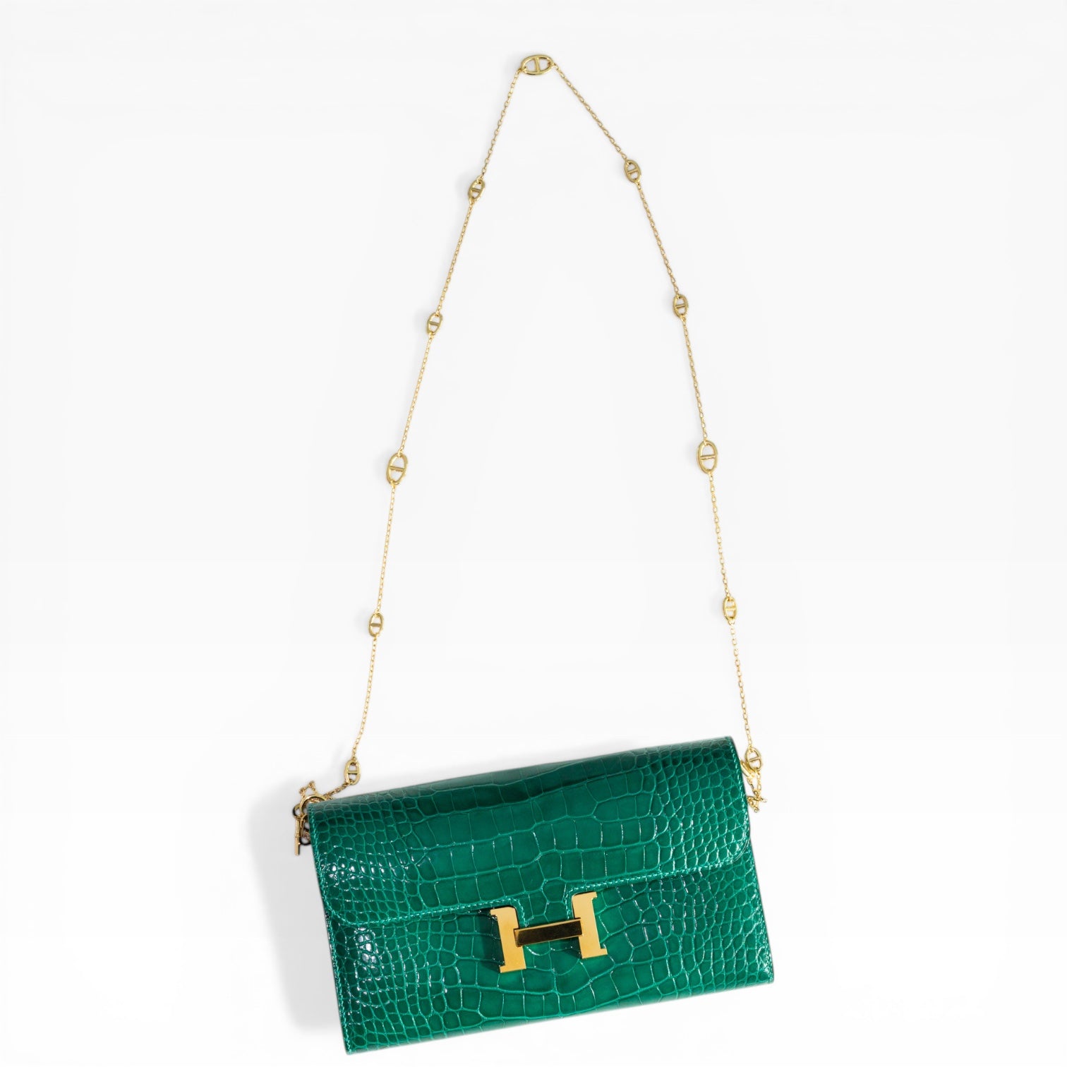 Hermès Constance Long Wallet Vert Émeraude Shiny Alligator Gold Hardware