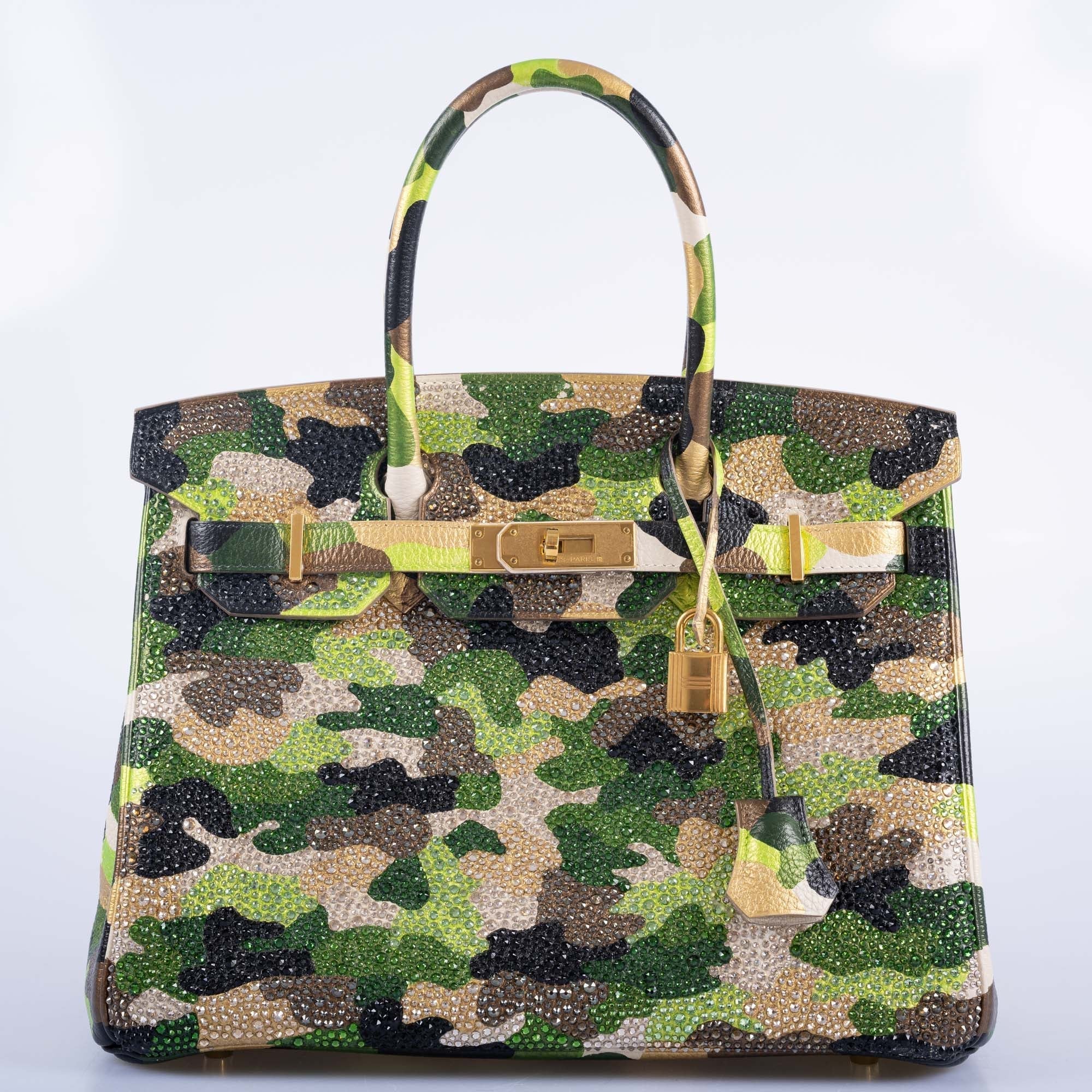 Hermès Custom Swarovski Crystal Camo Birkin 30 Green Togo Gold Hardware