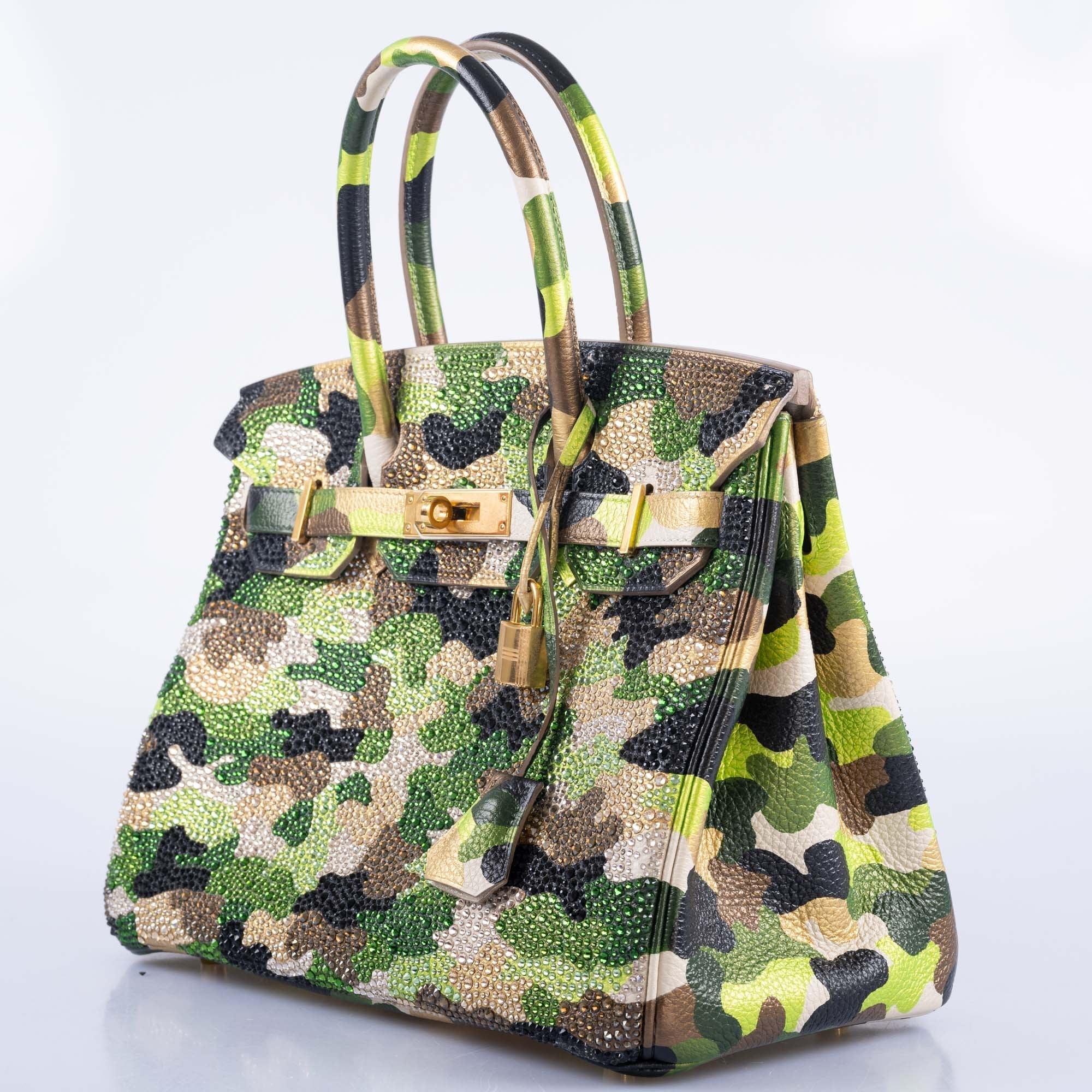 Hermès Custom Swarovski Crystal Camo Birkin 30 Green Togo Gold Hardware
