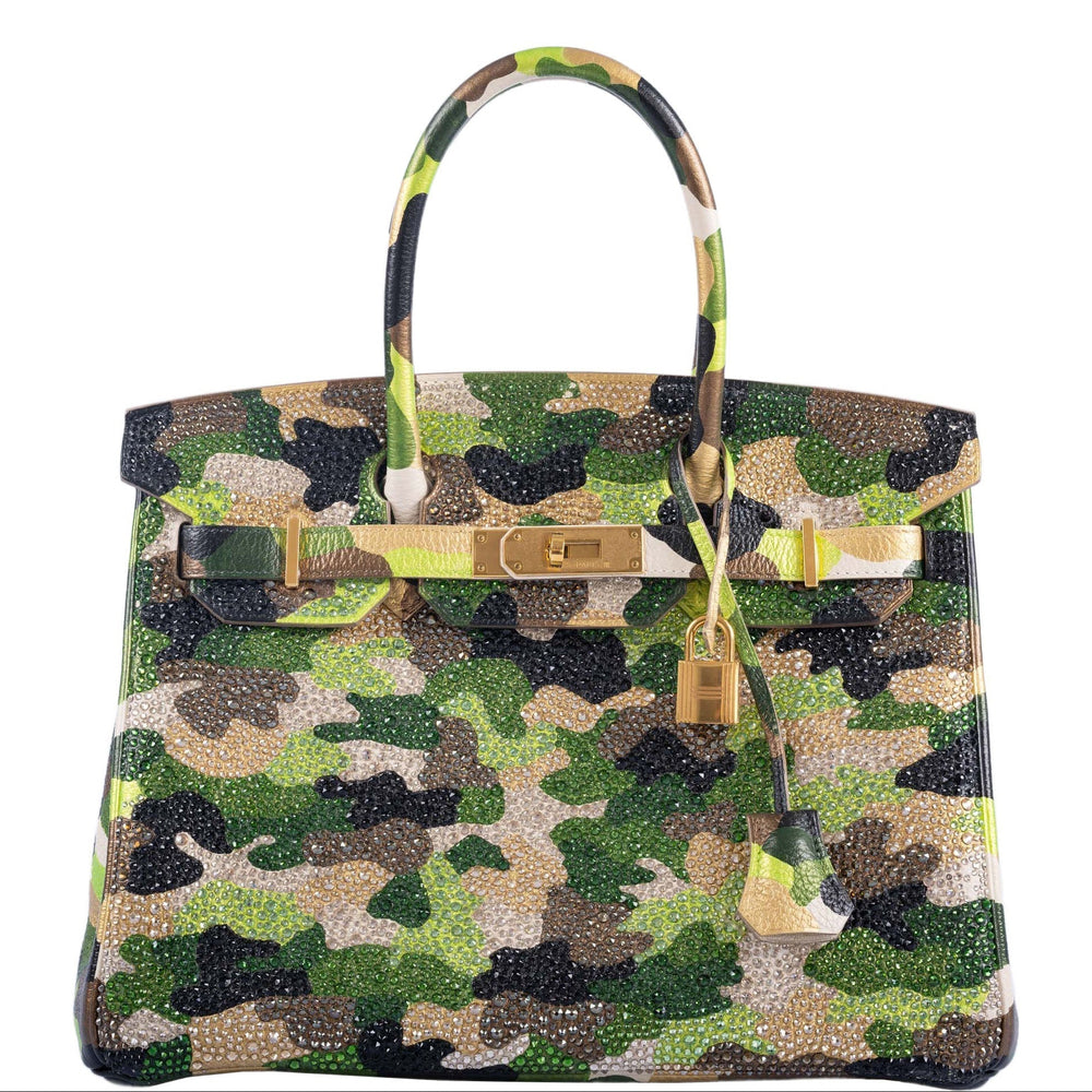 Hermès Custom Swarovski Crystal Camo Birkin 30 Green Togo Gold Hardware