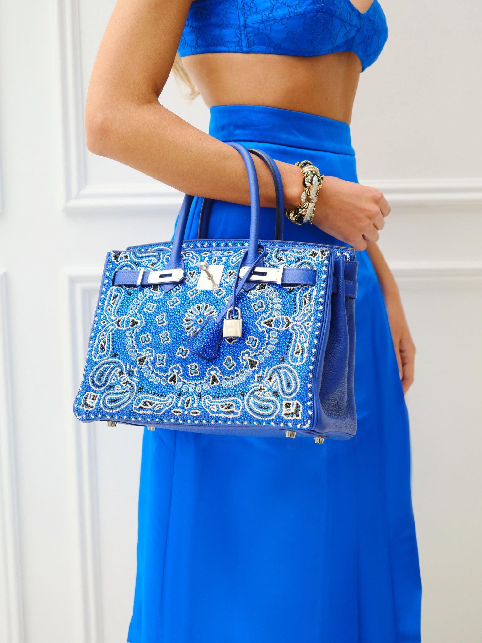 Hermès Custom Swarovski Crystal Cowgirl Bandana Birkin 30 Blue Togo Palladium Hardware