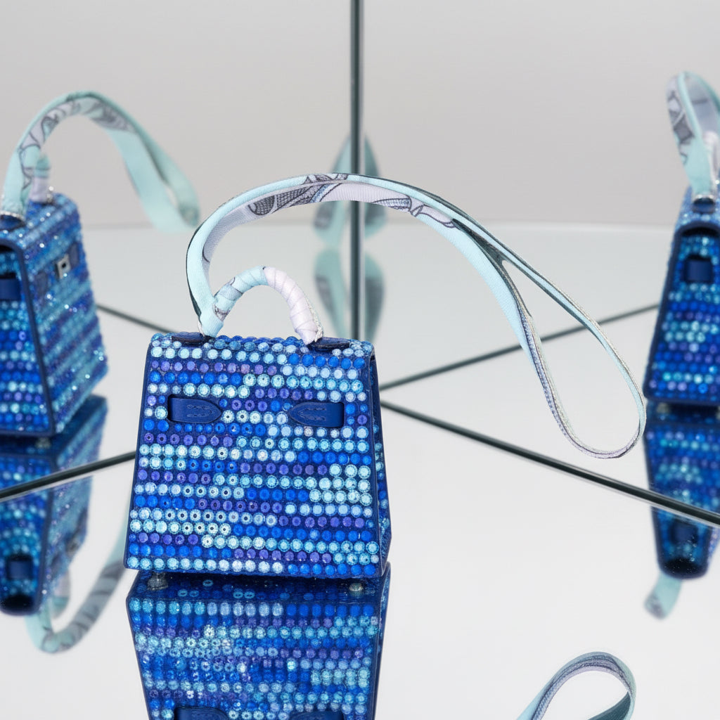 Hermès Custom Vibrato-Style Swarovski Crystal Micro Kelly Twilly Bag Charm Blue Gold Hardware