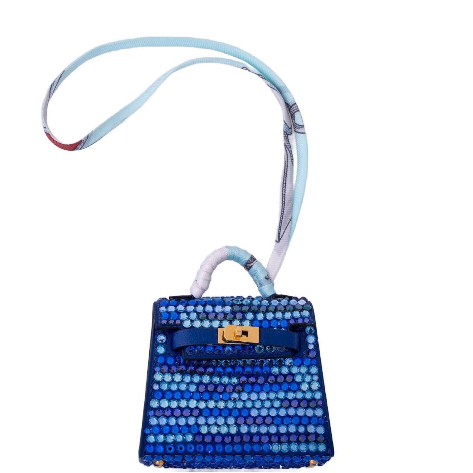 Hermès Custom Vibrato-Style Swarovski Crystal Micro Kelly Twilly Bag Charm Blue Gold Hardware