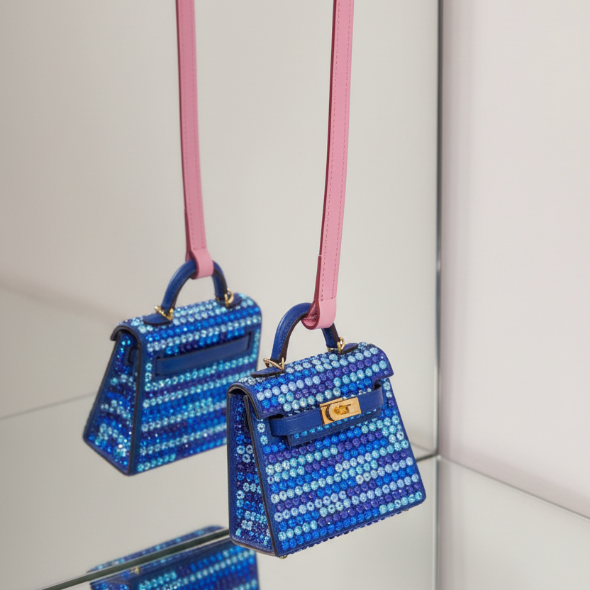 Hermès Custom Vibrato-Style Swarovski Crystal Micro Kelly Twilly Bag Charm Blue Gold Hardware
