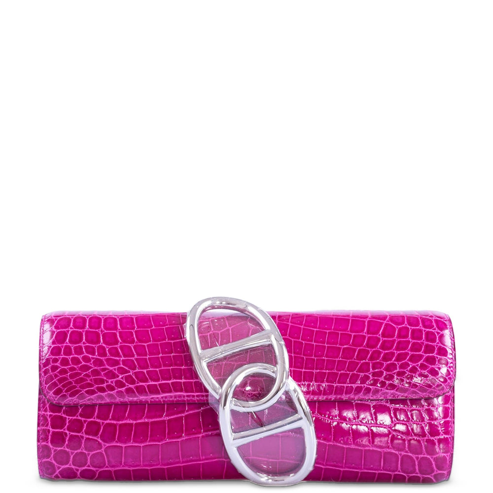 Hermès Egee Clutch Rose Scheherazade Shiny Niloticus Crocodile Palladium Hardware, front view