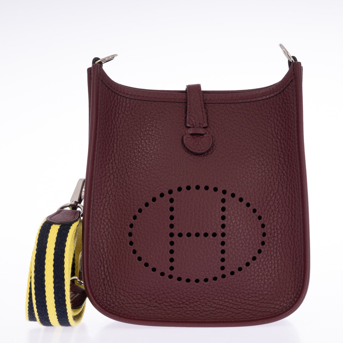 Hermès Evelyne 16 TPM Amazone Bordeaux Clémence Palladium Hardware, front view with striped strap