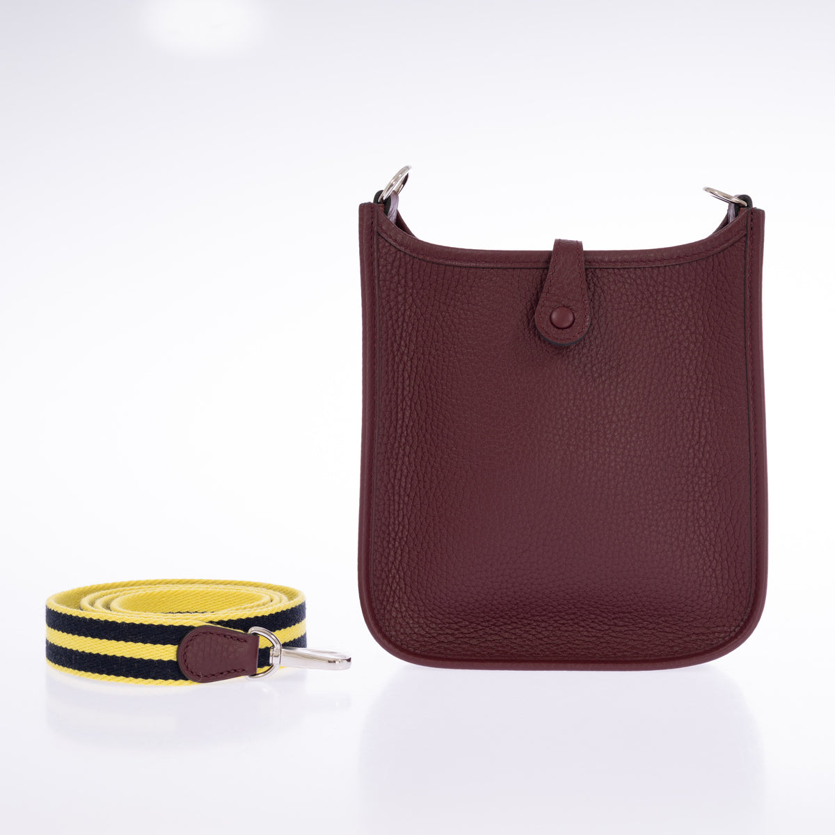 Hermès Evelyne 16 TPM Amazone Bordeaux Clémence Palladium Hardware, back view with detachable striped strap