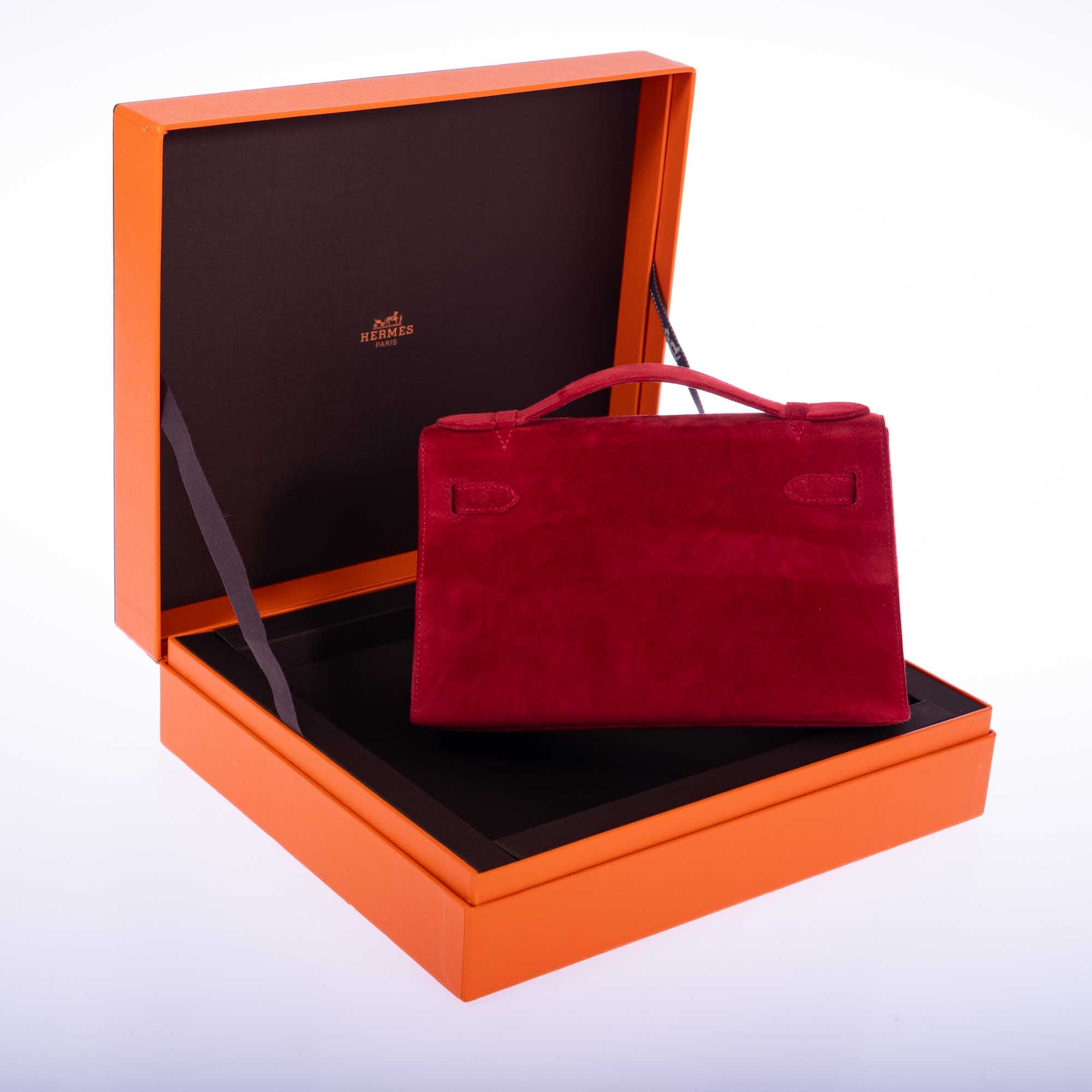 Hermès Exceptional Collection Rubis Veau Doblis Suede Diamond Kelly Pochette with 18k White Gold & Diamond Hardware