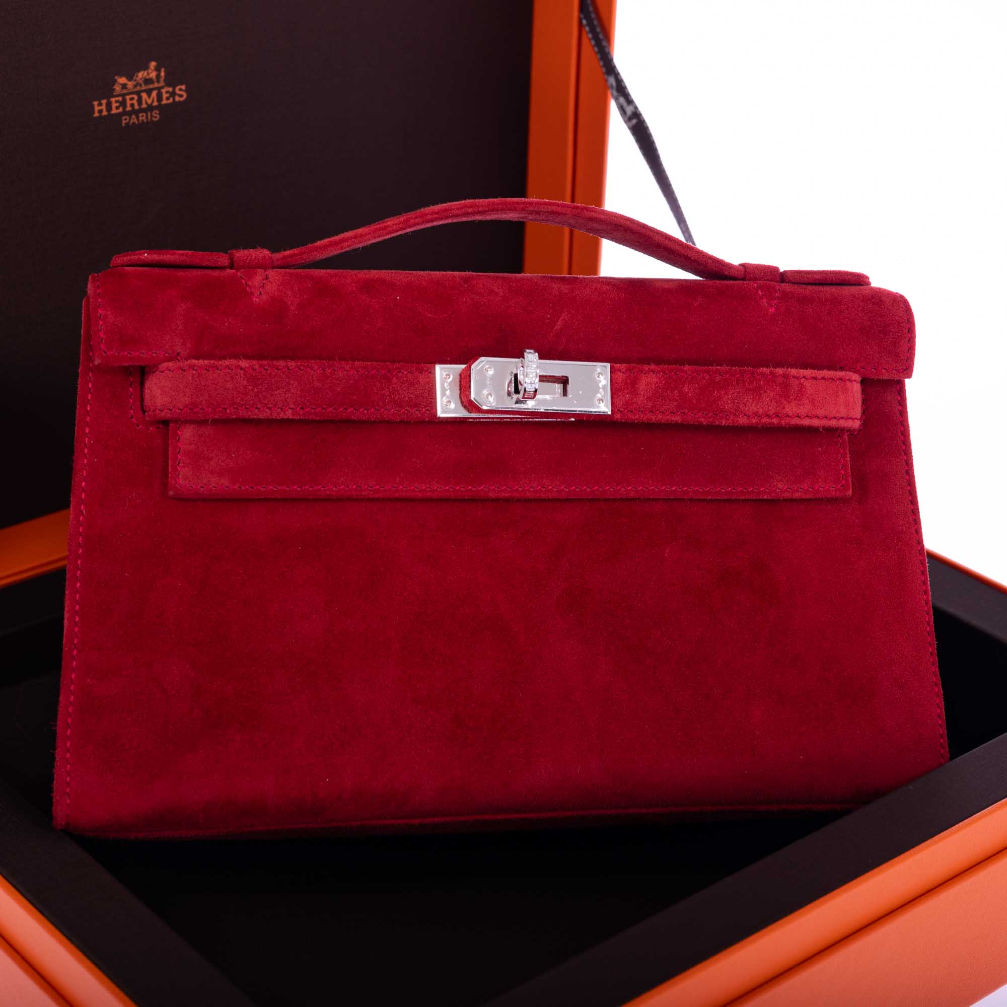 Hermès Exceptional Collection Rubis Veau Doblis Suede Diamond Kelly Pochette with 18k White Gold & Diamond Hardware