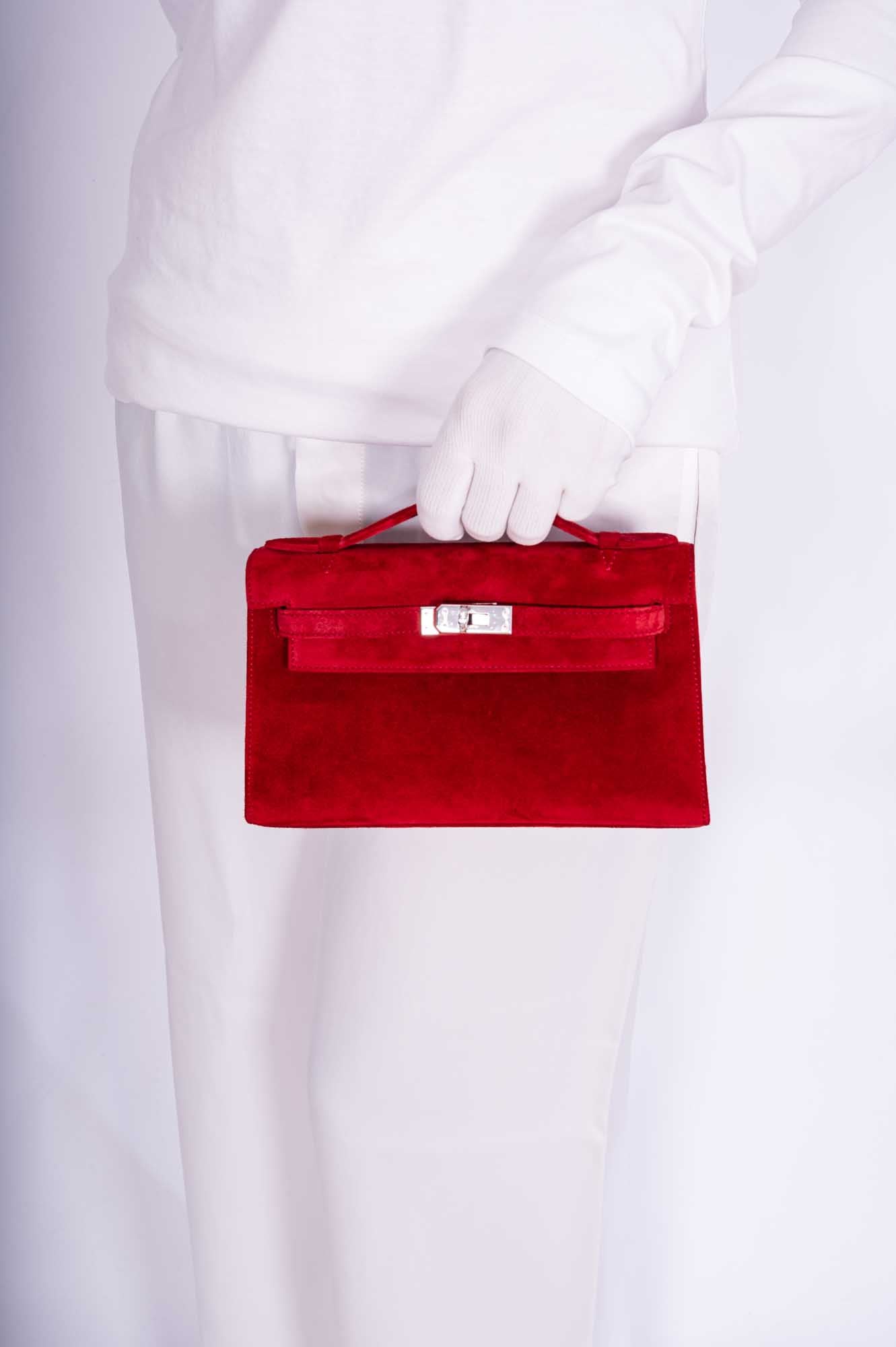 Hermès Exceptional Collection Rubis Veau Doblis Suede Diamond Kelly Pochette with 18k White Gold & Diamond Hardware