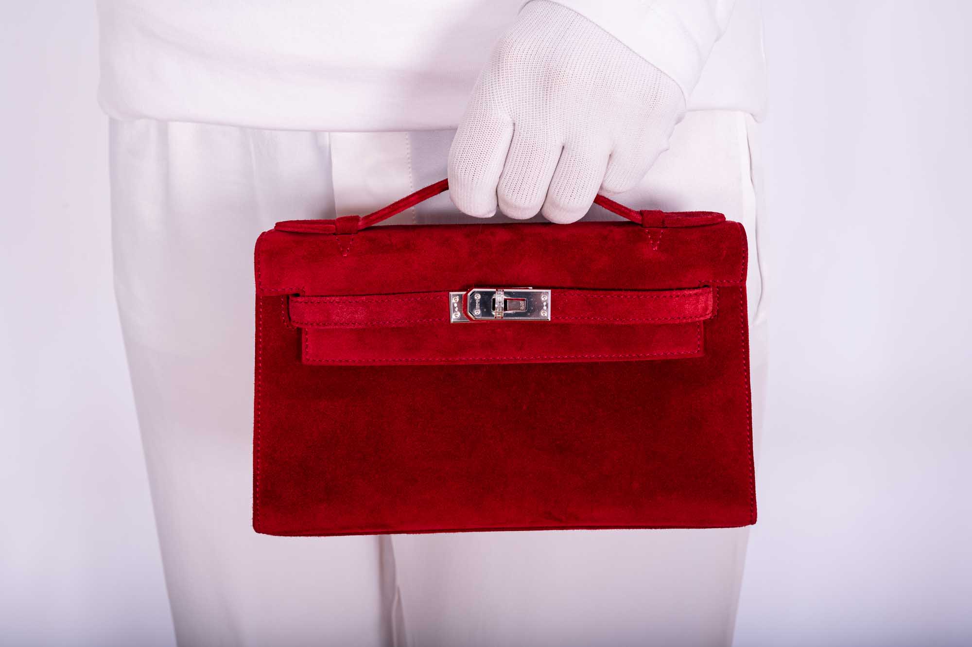 Hermès Exceptional Collection Rubis Veau Doblis Suede Diamond Kelly Pochette with 18k White Gold & Diamond Hardware