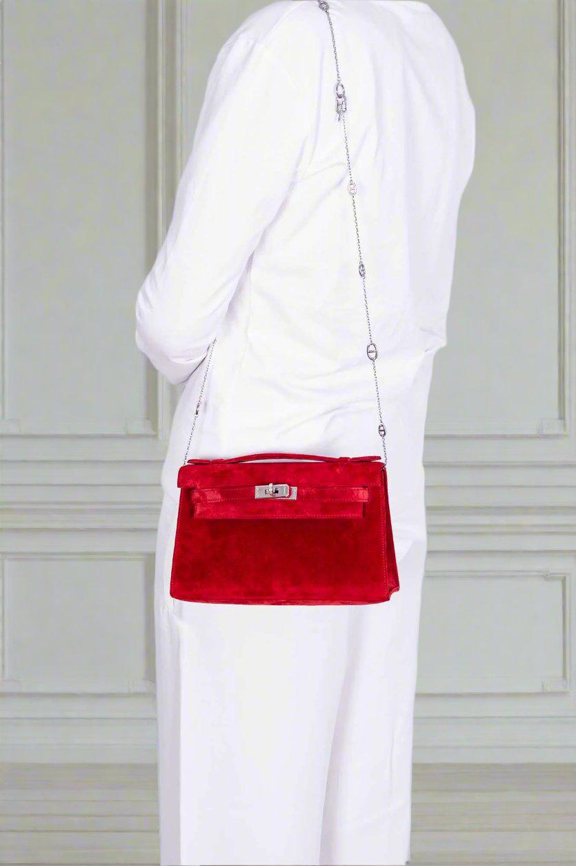 Hermès Exceptional Collection Rubis Veau Doblis Suede Diamond Kelly Pochette with 18k White Gold & Diamond Hardware