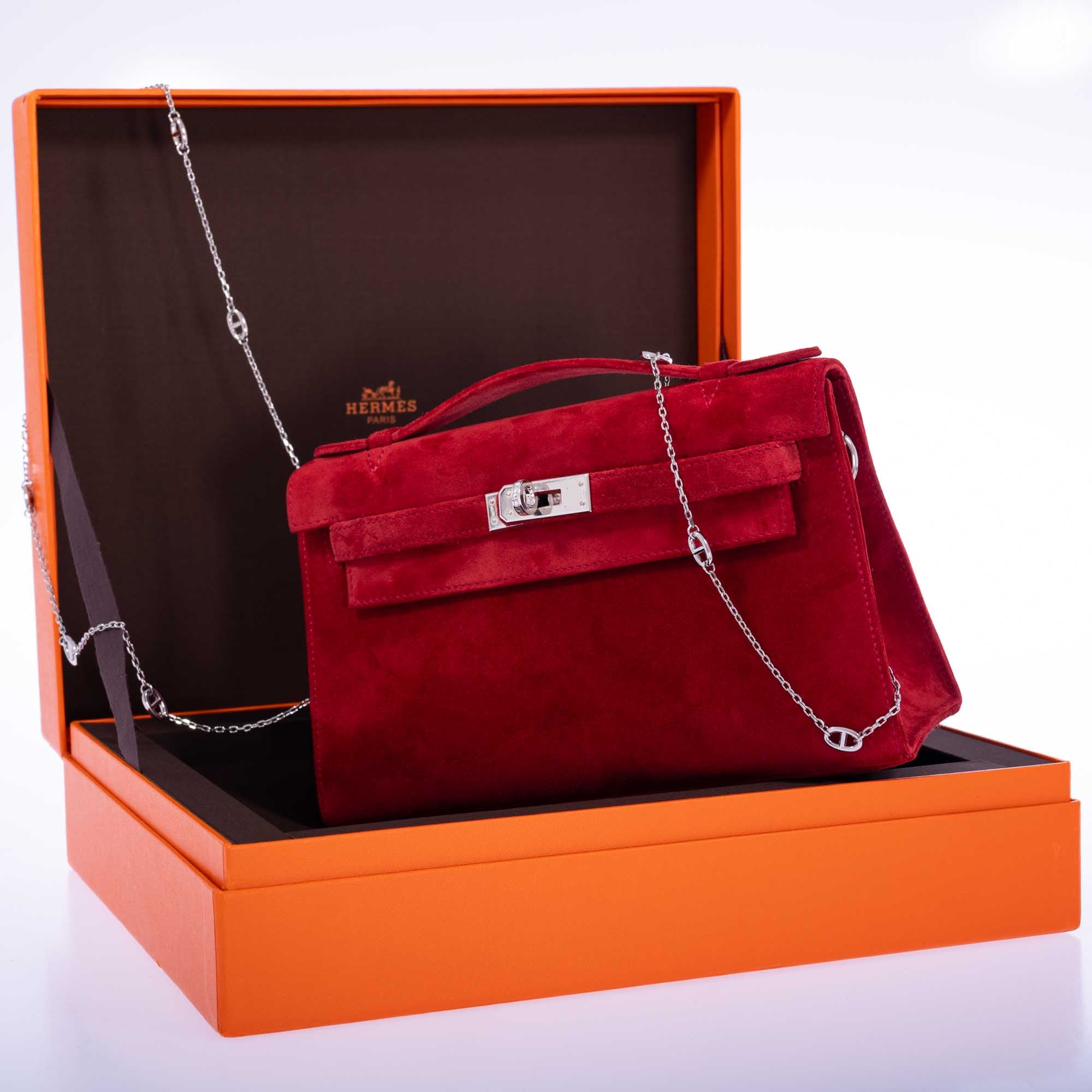 Hermès Exceptional Collection Rubis Veau Doblis Suede Diamond Kelly Pochette with 18k White Gold & Diamond Hardware