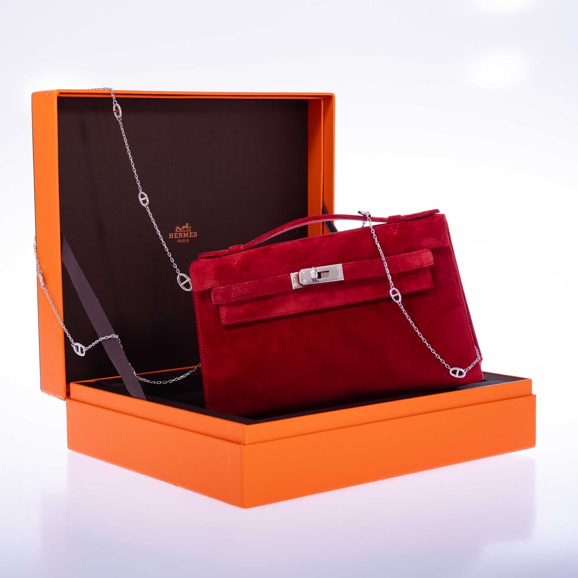 Hermès Exceptional Collection Rubis Veau Doblis Suede Diamond Kelly Pochette with 18k White Gold & Diamond Hardware