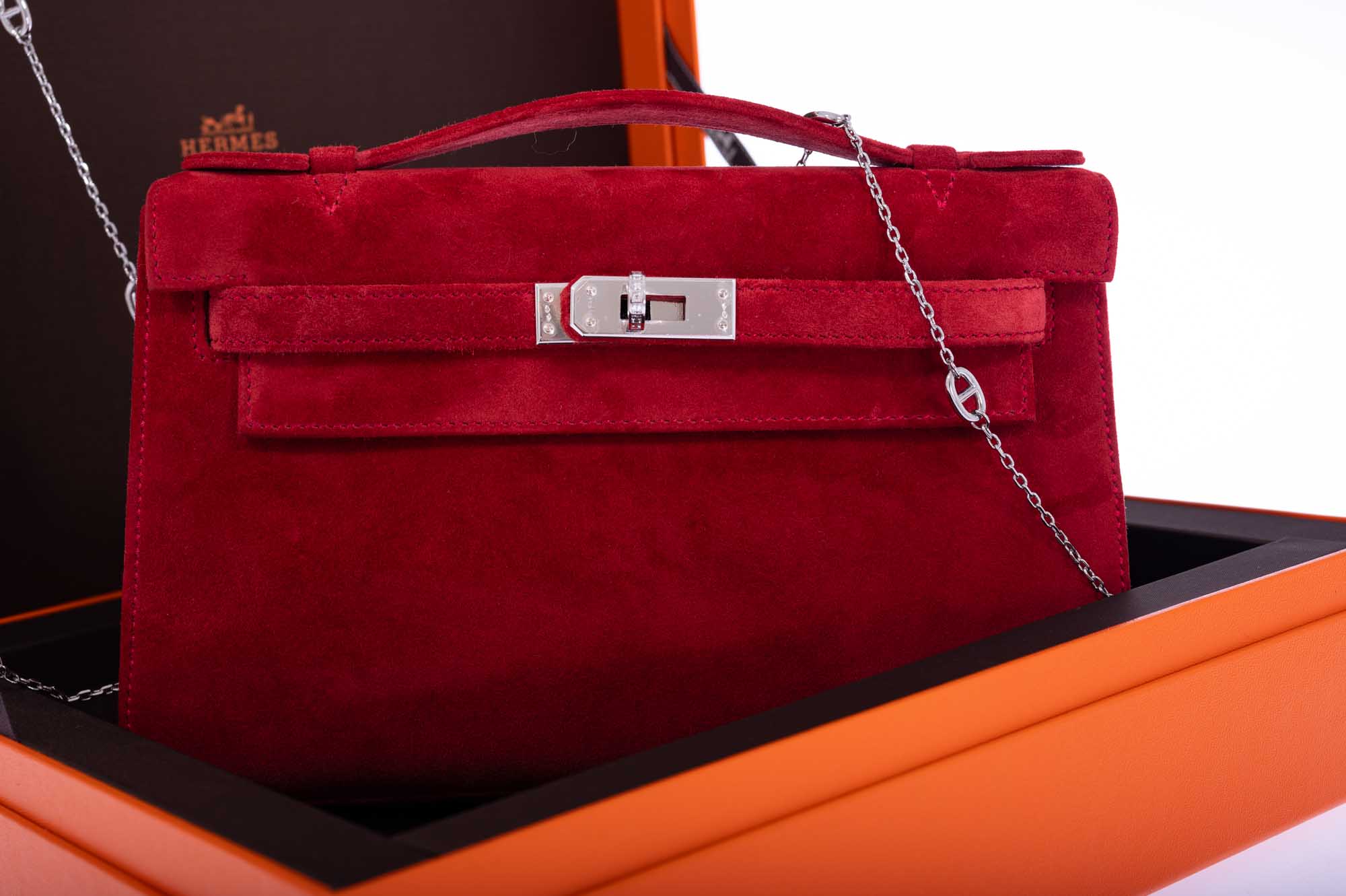 Hermès Exceptional Collection Rubis Veau Doblis Suede Diamond Kelly Pochette with 18k White Gold & Diamond Hardware