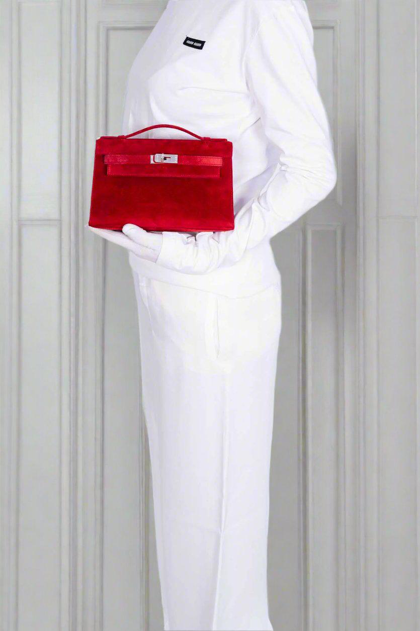 Hermès Exceptional Collection Rubis Veau Doblis Suede Diamond Kelly Pochette with 18k White Gold & Diamond Hardware