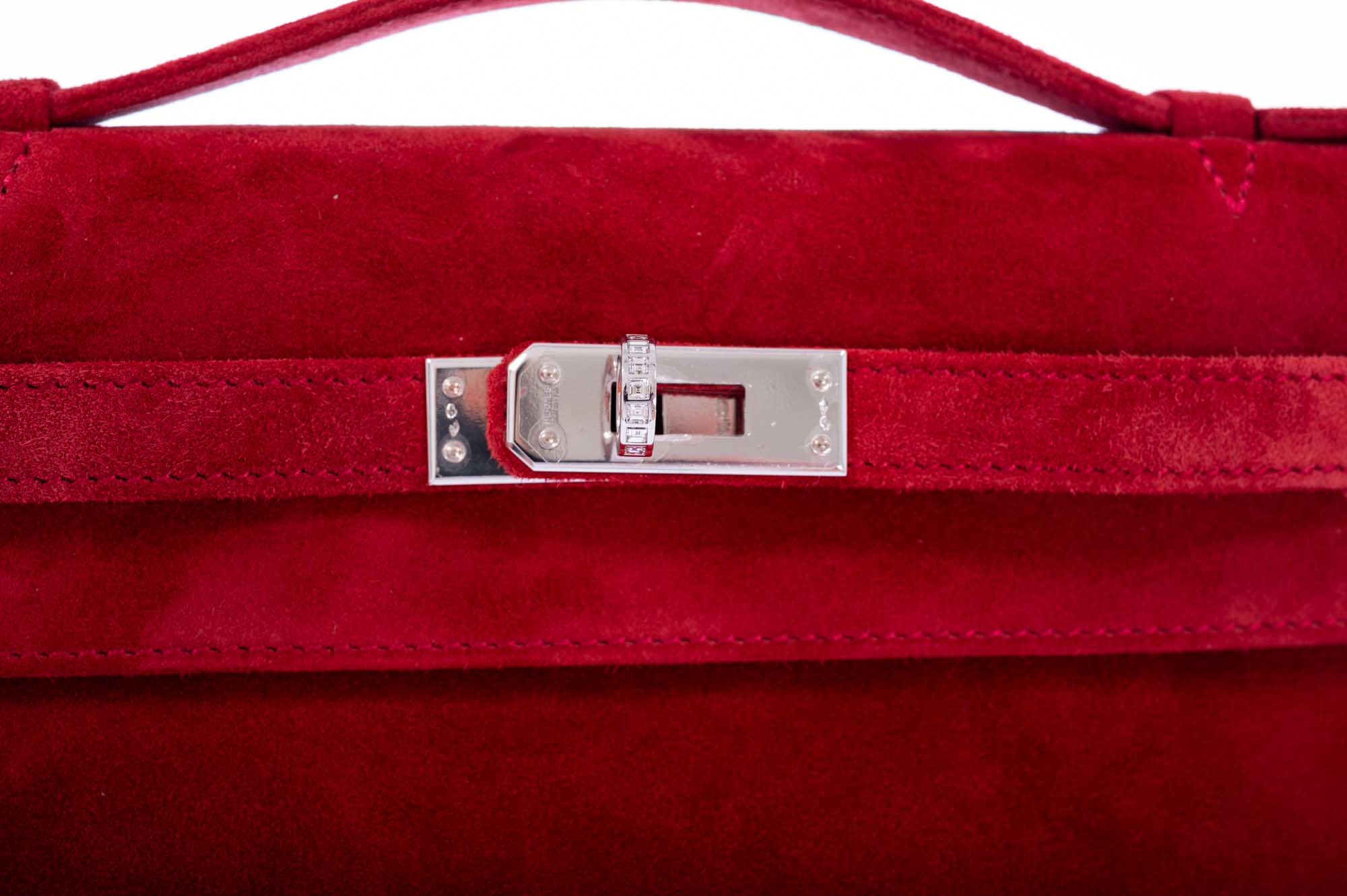 Hermès Exceptional Collection Rubis Veau Doblis Suede Diamond Kelly Pochette with 18k White Gold & Diamond Hardware