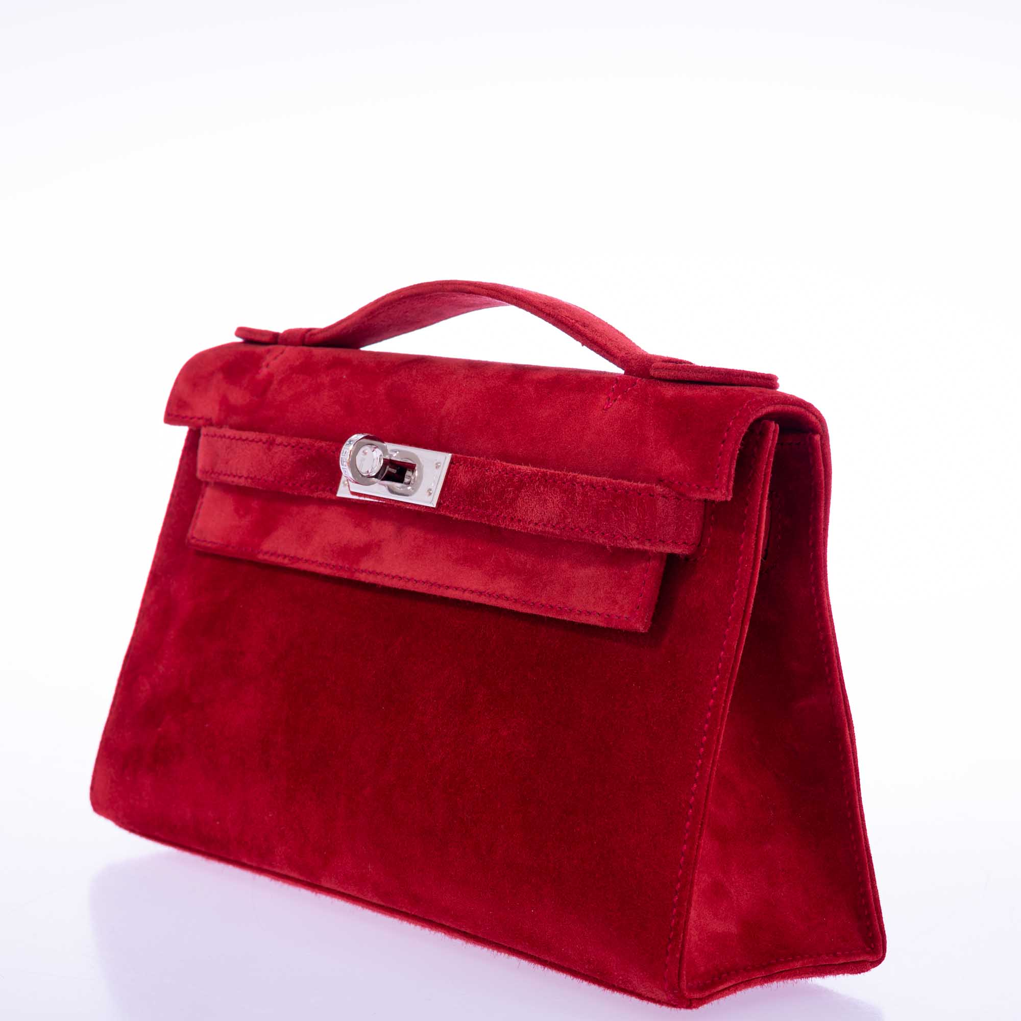 Hermès Exceptional Collection Rubis Veau Doblis Suede Diamond Kelly Pochette with 18k White Gold & Diamond Hardware