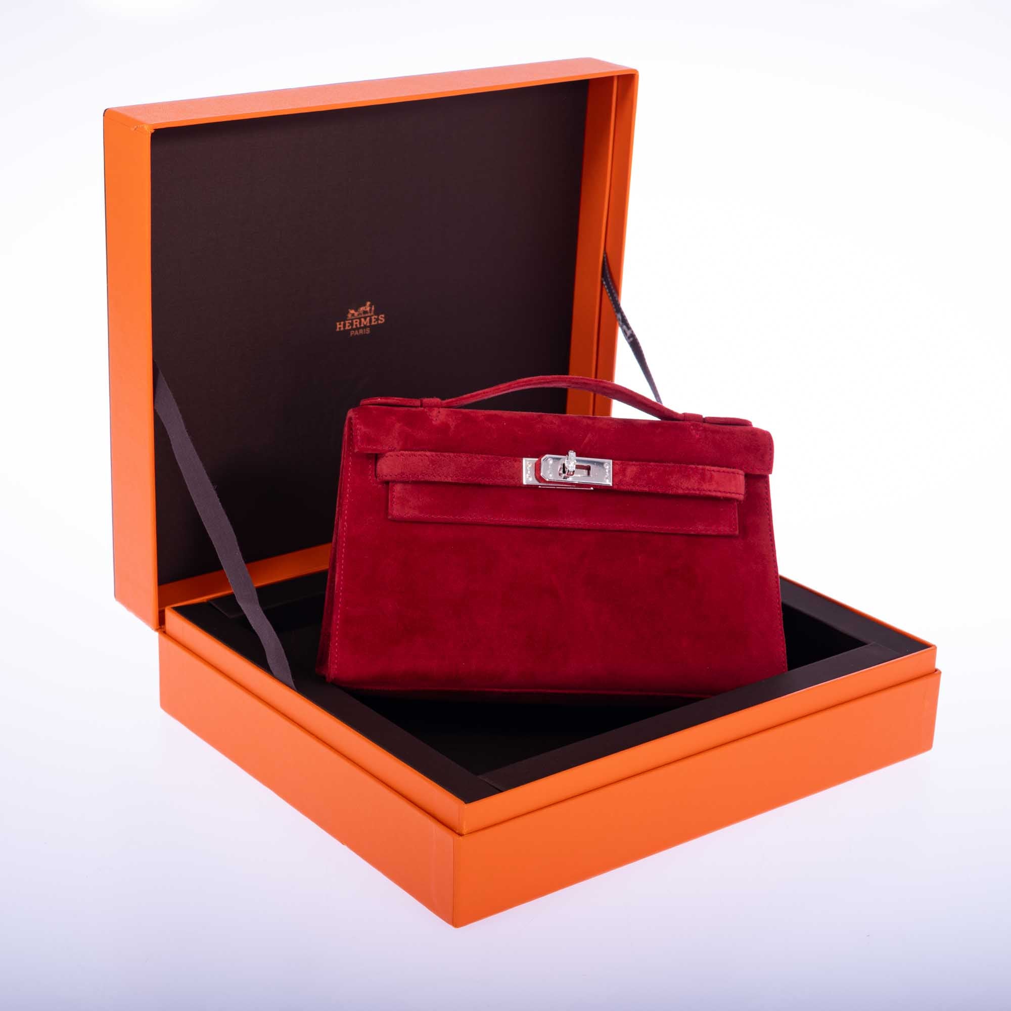 Hermès Exceptional Collection Rubis Veau Doblis Suede Diamond Kelly Pochette with 18k White Gold & Diamond Hardware