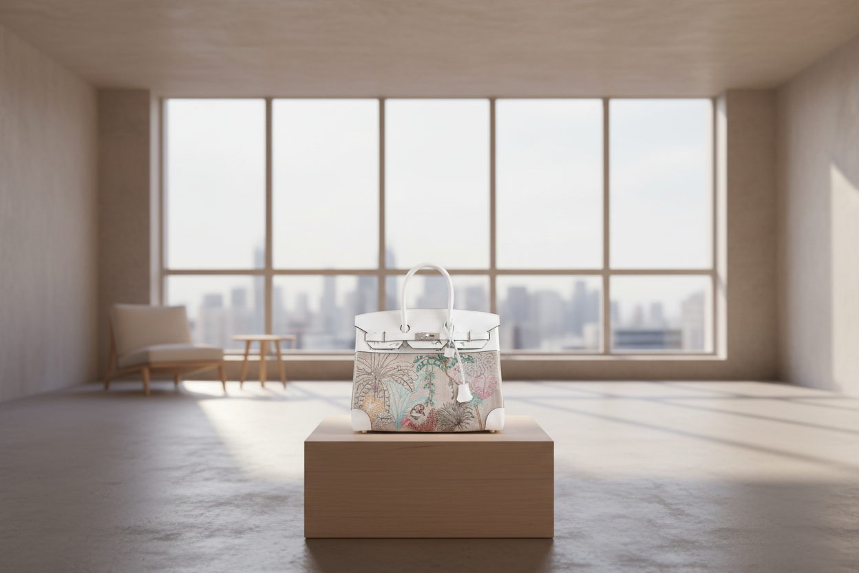 Hermès Faubourg Tropical Birkin 35 Embroidered Toile de Camp and White Swift Palladium Hardware