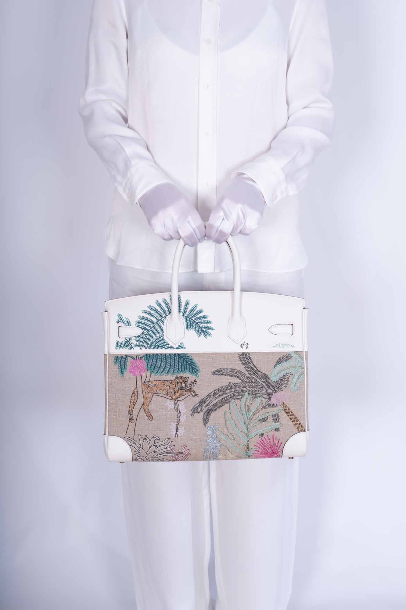 Hermès Faubourg Tropical Birkin 35 Embroidered Toile de Camp and White Swift Palladium Hardware